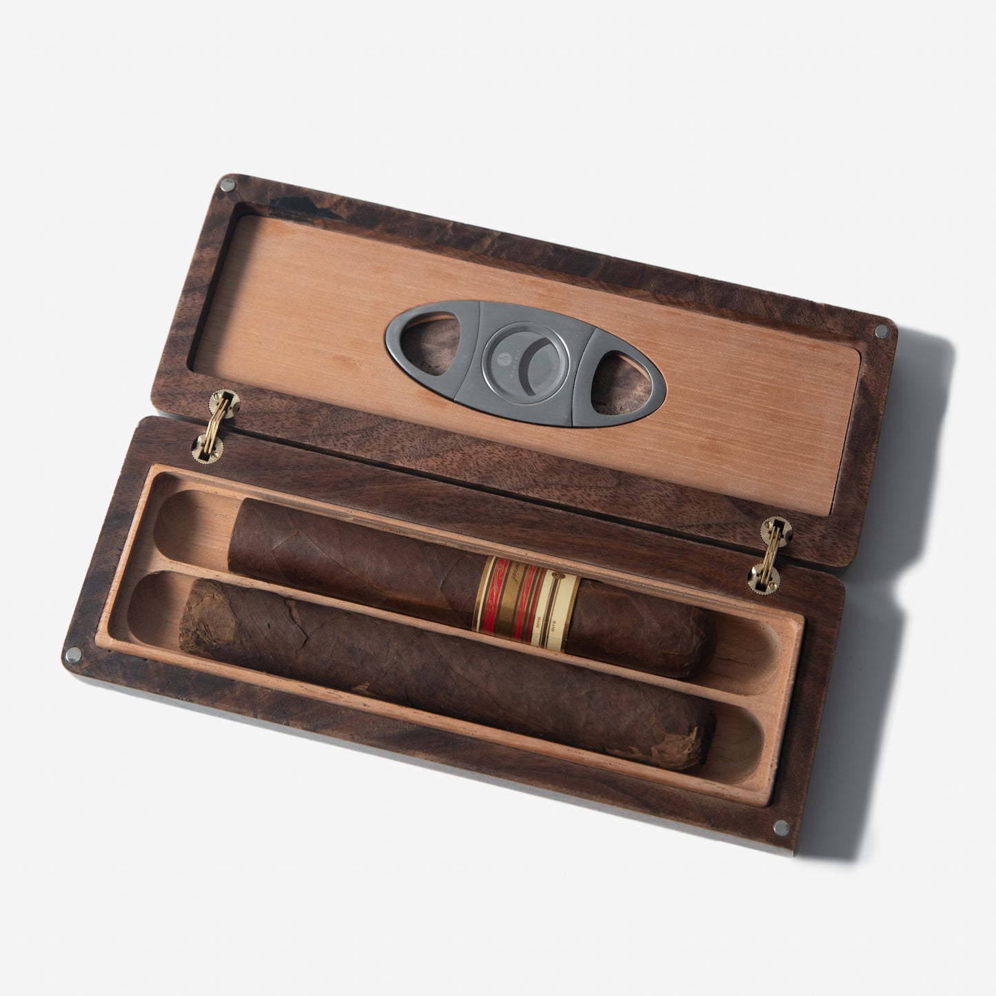 Cigar Travel Case - Redwood Burl Inlay - Personalized Brass Engraving - Spanish Cedar Lining