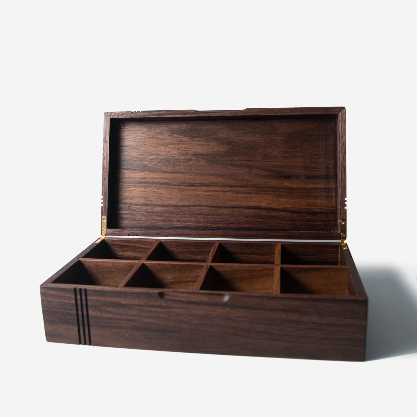 Black Walnut - Handcrafted with 8 compartments and Hinged Lid with Brass Hinges