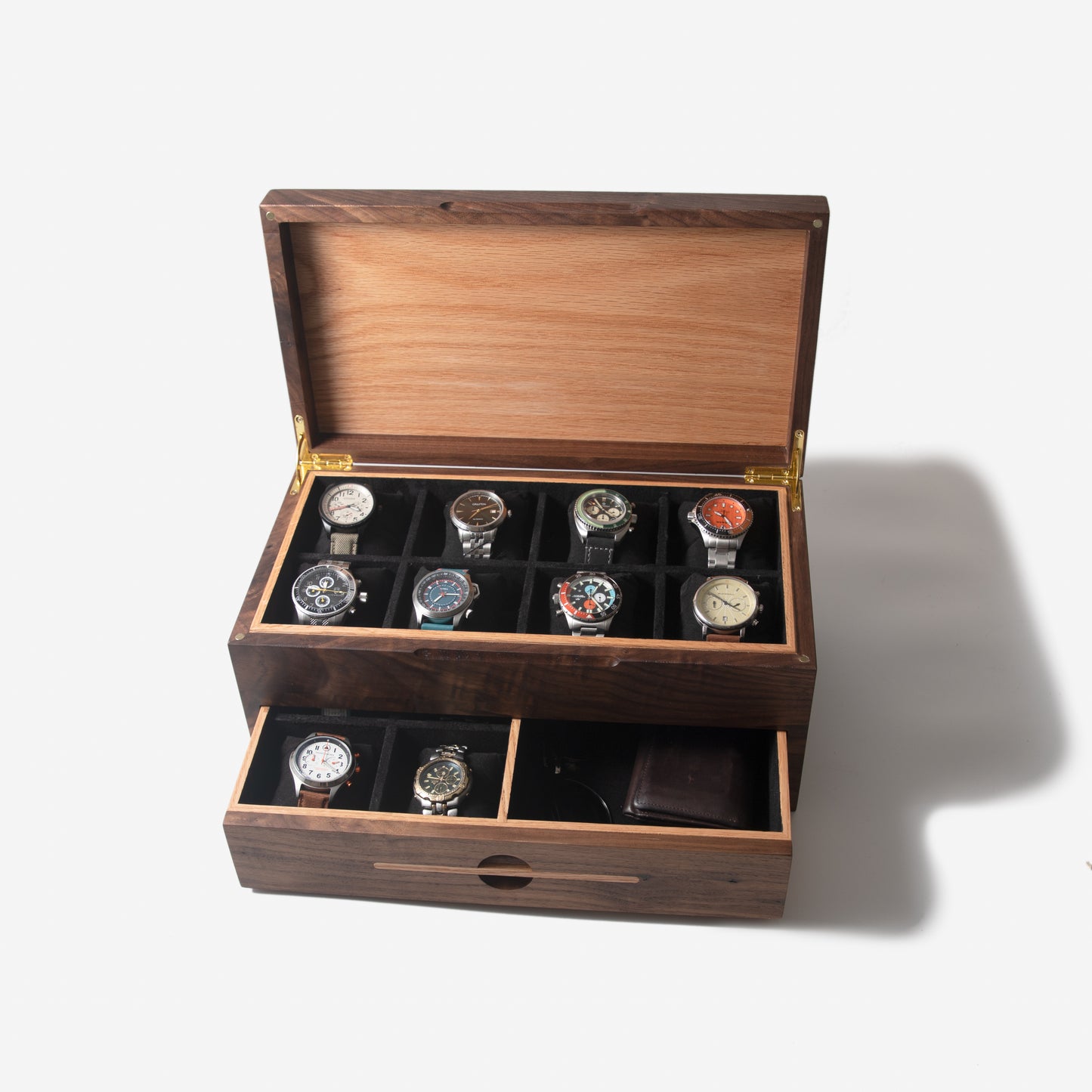 Watch Box with Drawer - Black Walnut and Oak - 12 to 16 Watch Compartments - Personalized Gift