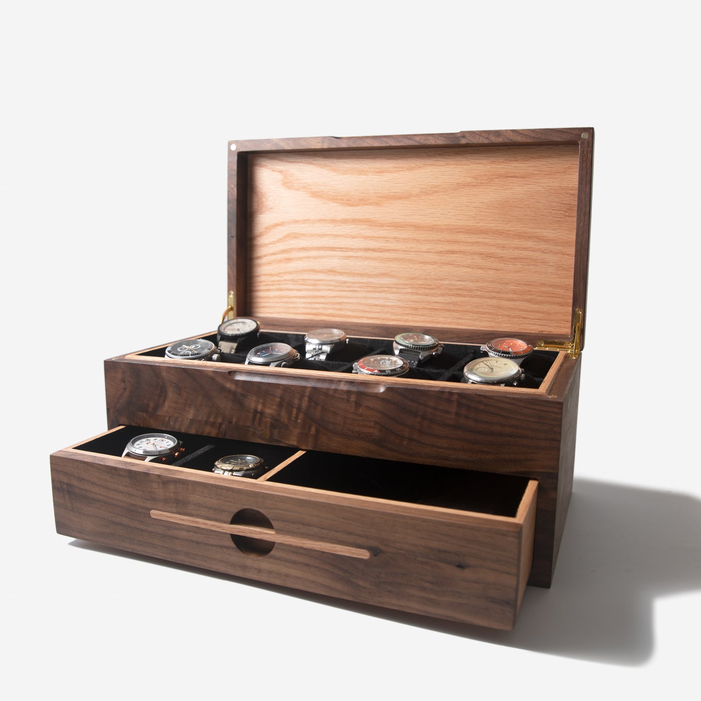 Watch Box with Drawer - Black Walnut and Oak - 12 to 16 Watch Compartments - Personalized Gift