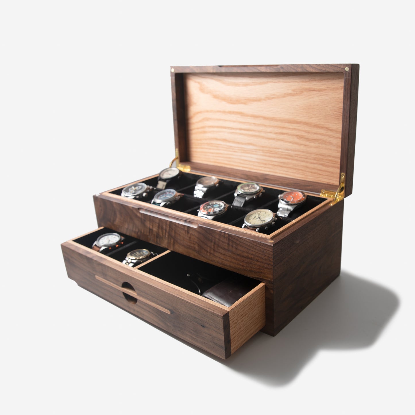 Watch Box with Drawer - Black Walnut and Oak - 12 to 16 Watch Compartments - Personalized Gift