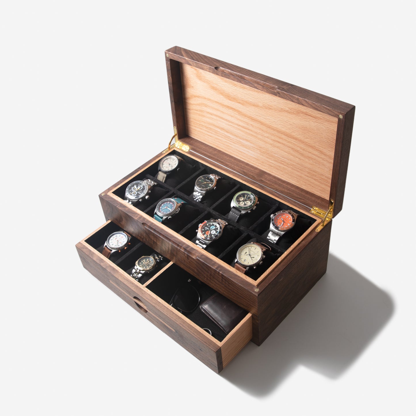 Watch Box with Drawer - Black Walnut and Oak - 12 to 16 Watch Compartments - Personalized Gift