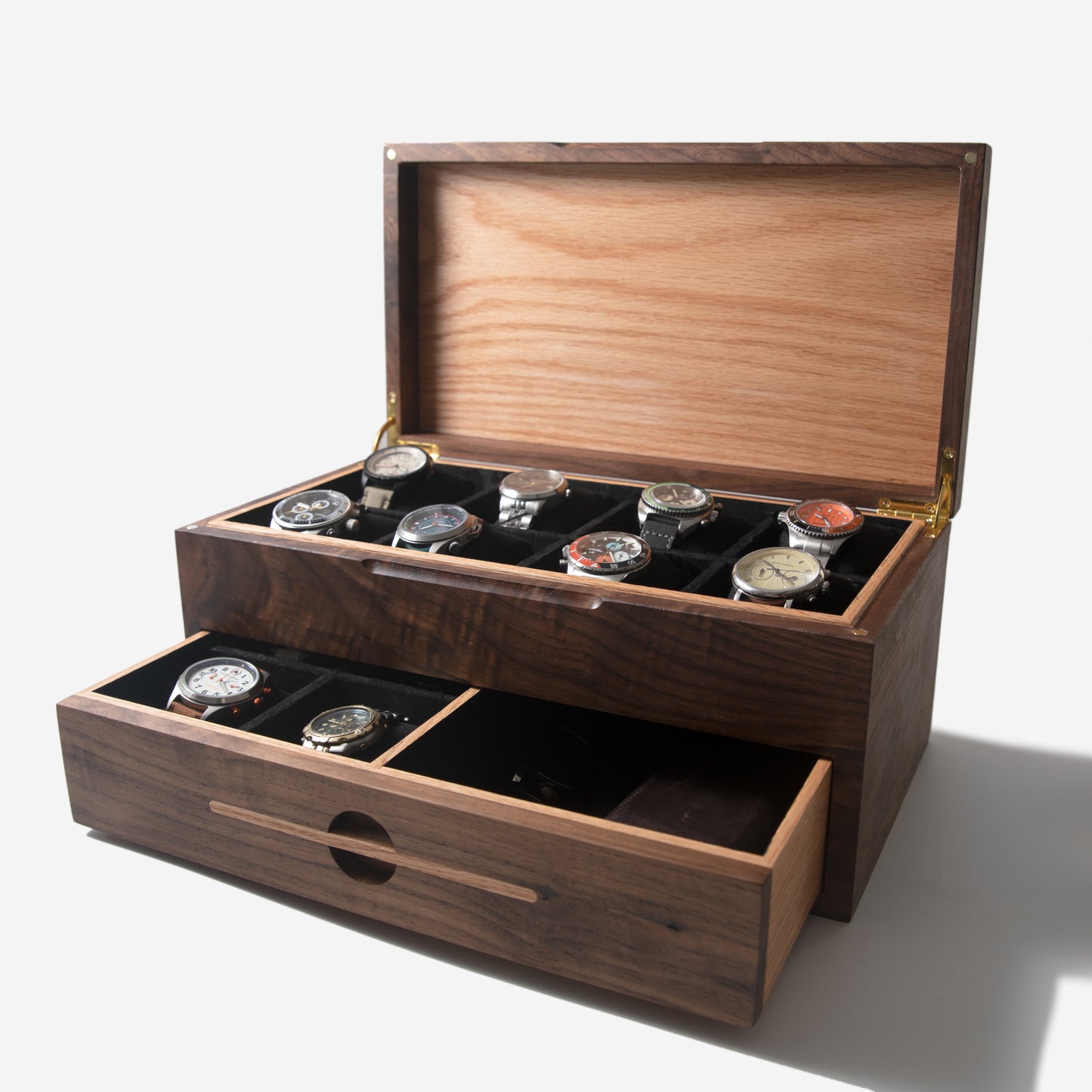 Watch Box with Drawer - Black Walnut and Oak - 12 to 16 Watch Compartments - Personalized Gift