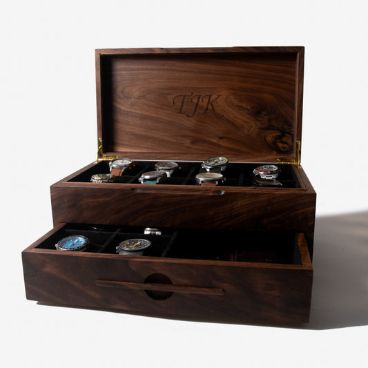 Watch Box with Drawer - Solid Black Walnut - 12 to 16 Watch Compartments - Personalized Gift