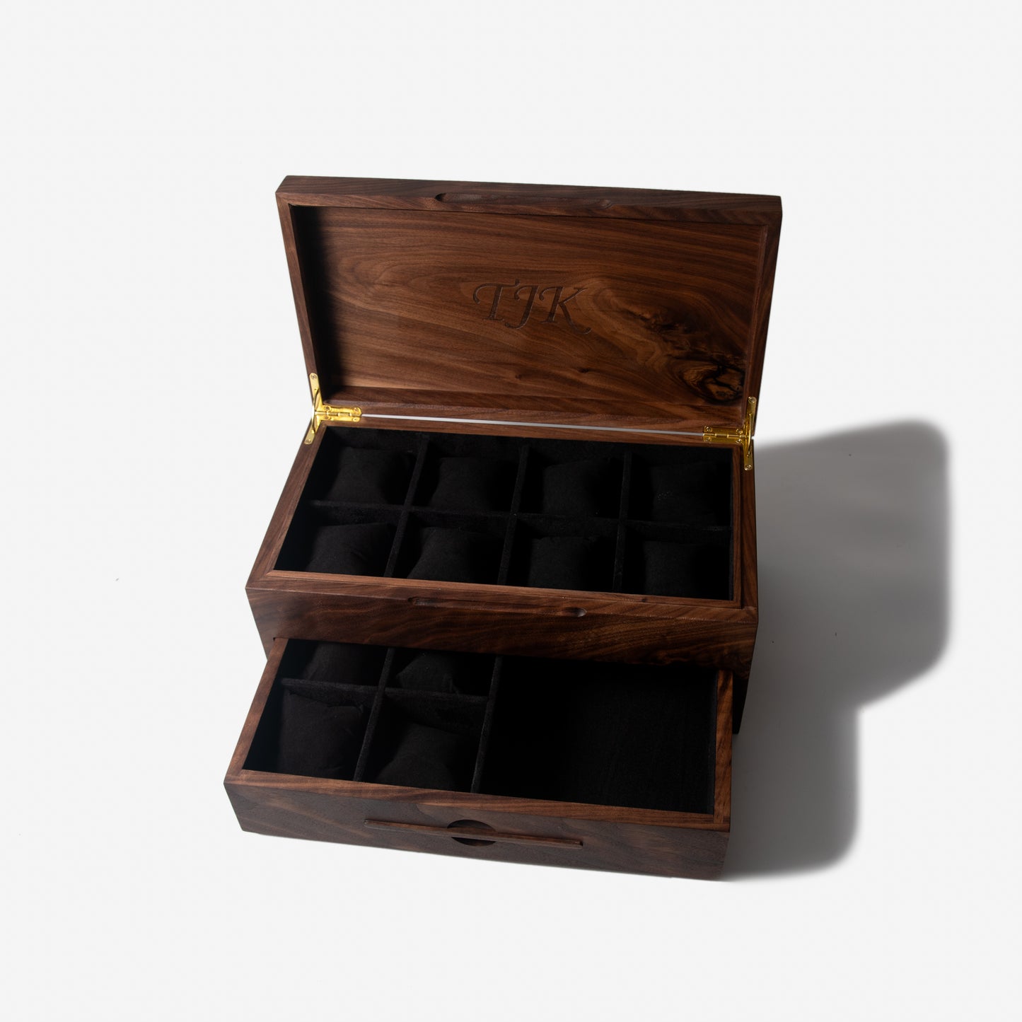 Watch Box with Drawer - Solid Black Walnut - 12 to 16 Watch Compartments - Personalized Gift