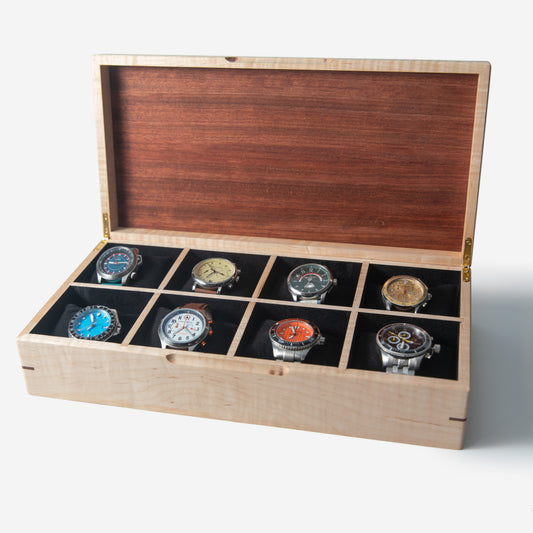 Watch Box - Curly Maple and Sapele Mahogany - 8 Watch Compartments