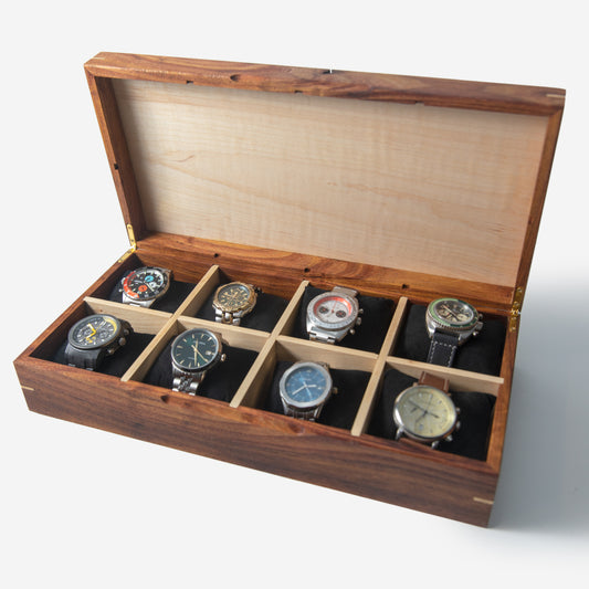 Watch Box - Desert Mesquite and Curly Maple - 8 Watch Compartments
