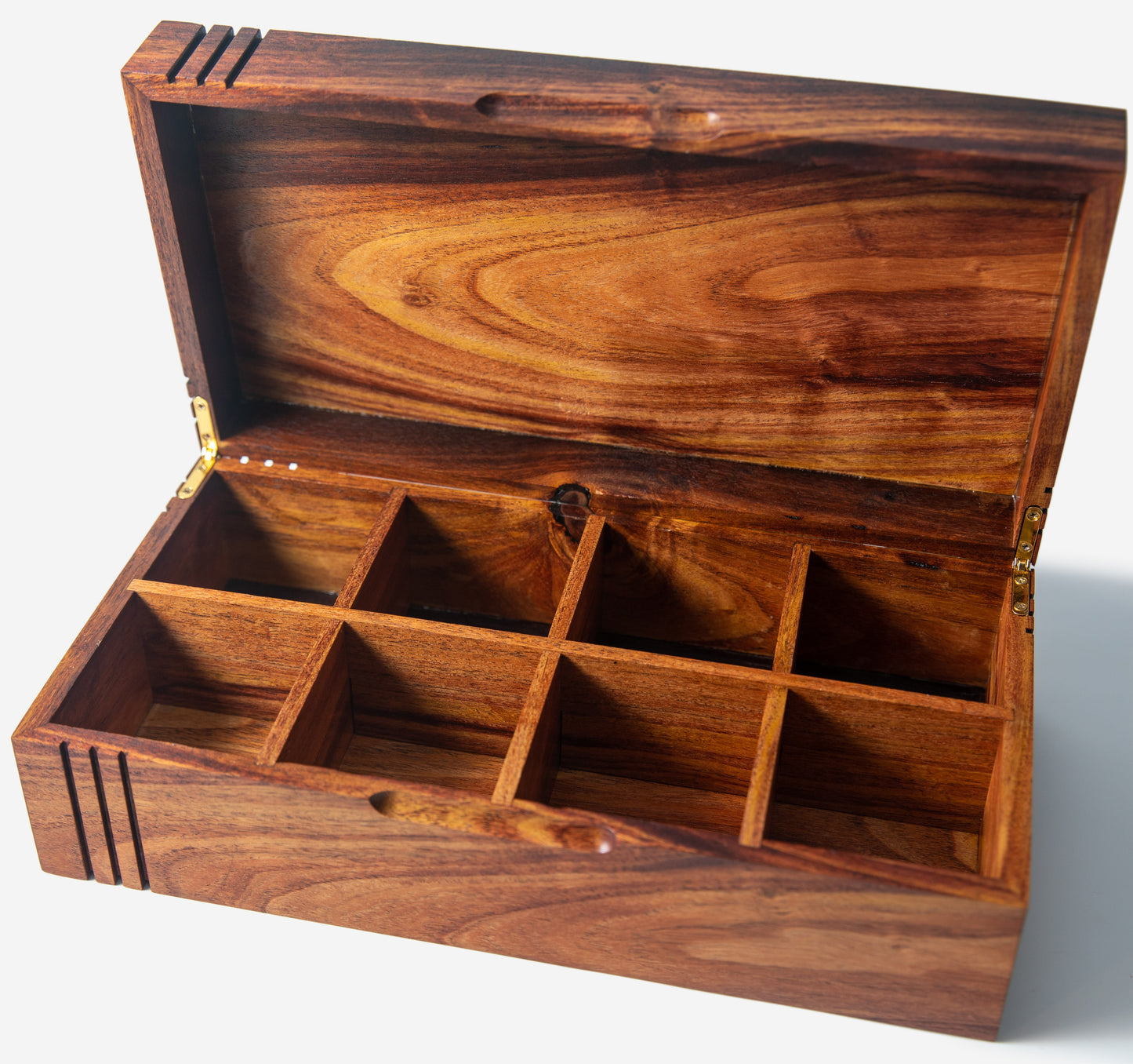 Rustic Mesquite Tea Chest - Handcrafted with 8 compartments and Hinged Lid with Brass Hinges